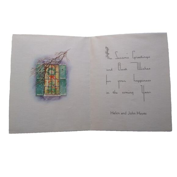 Christmas Greeting Card Vintage Mid Century Modern Decorated Wreath Snow Covered - Picture 2 of 3